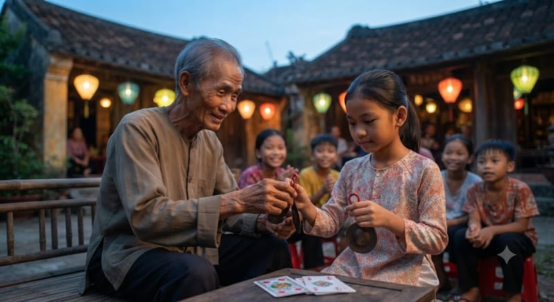 Nghệ nhân Hiệu ân cần trao truyền cho thế hệ sau cách cầm thẻ bài và gõ sênh tiền — “ngọn lửa” đam mê được tiếp nối.