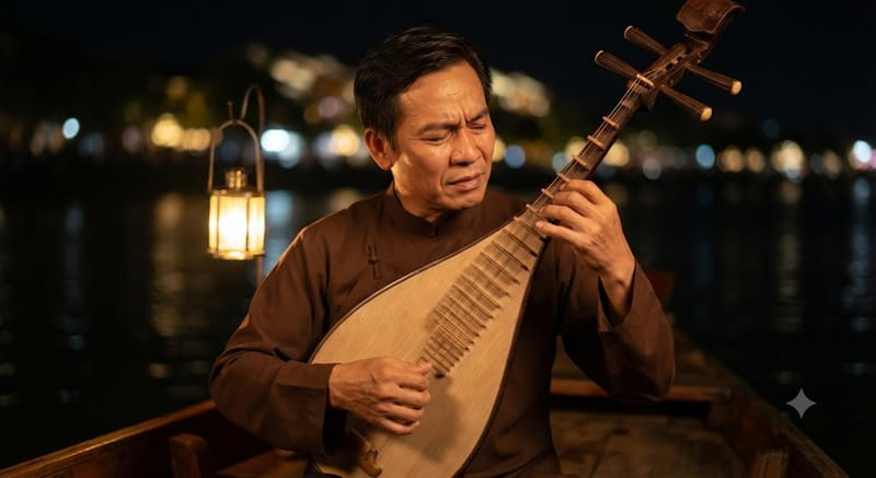 Cận cảnh nghệ nhân Ca công trong một buổi Ca Huế trên sông Hương — đôi tay lướt trên phím đàn dưới ánh đèn lồng.
