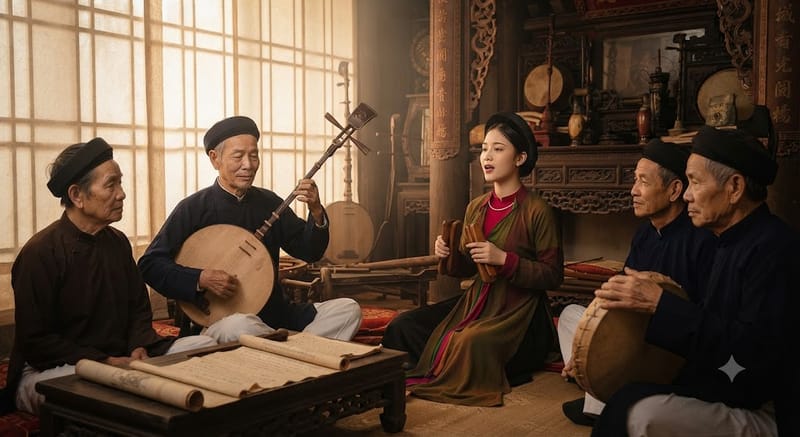 Không gian một giáo phường xưa: đào nương gõ phách hát theo nhịp đàn đáy của kép đàn — sự khổ luyện qua nhiều năm để đạt trình độ chuyên môn cao.