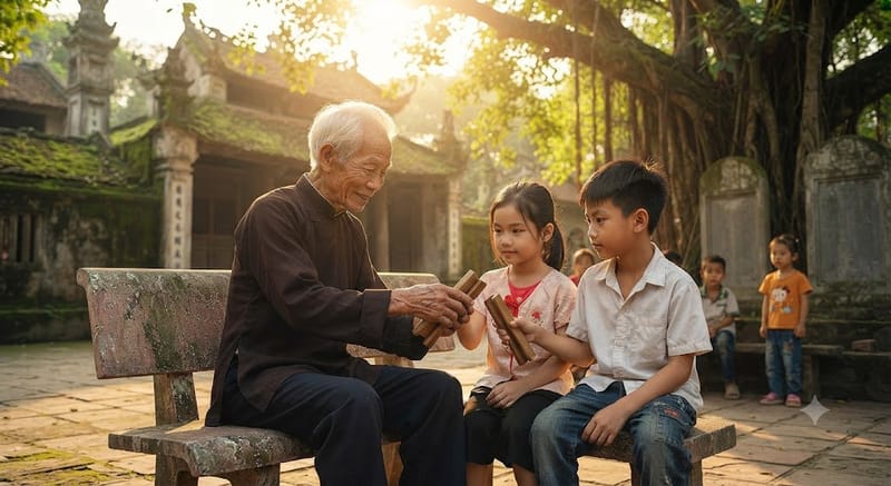 Tại đền Ca Công (làng Lỗ Khê, Hà Nội), nghệ nhân cao tuổi hướng dẫn các em nhỏ cách cầm phách, gõ nhịp — bảo đảm sức sống cho di sản.
