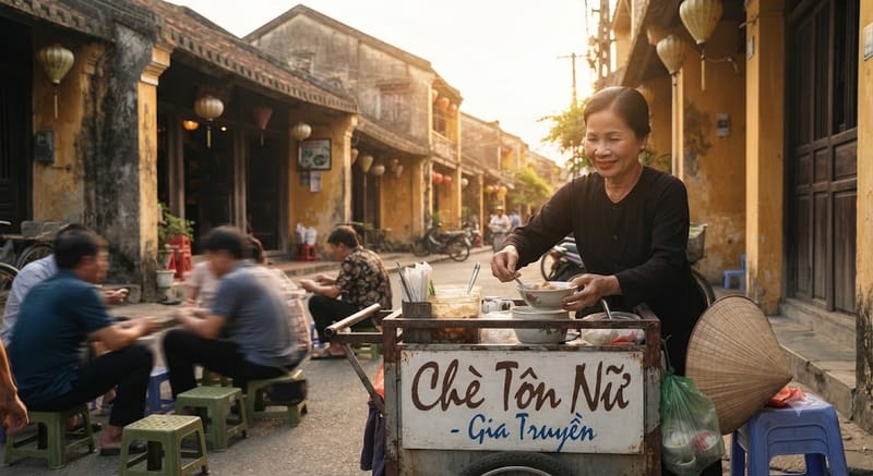 Gánh chè nhỏ ven đường với biển hiệu “Chè Tôn Nữ - Gia Truyền” — sự hoà nhập bình dị mà đầy tự hào của các “Tôn Nữ” trong đời sống hiện đại.