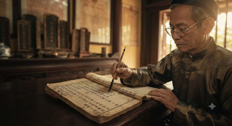 Cuốn gia phả bằng giấy dó cổ với chữ Hán Nôm — “bản đồ huyết thống” và quy tắc định danh chặt chẽ của triều Nguyễn.