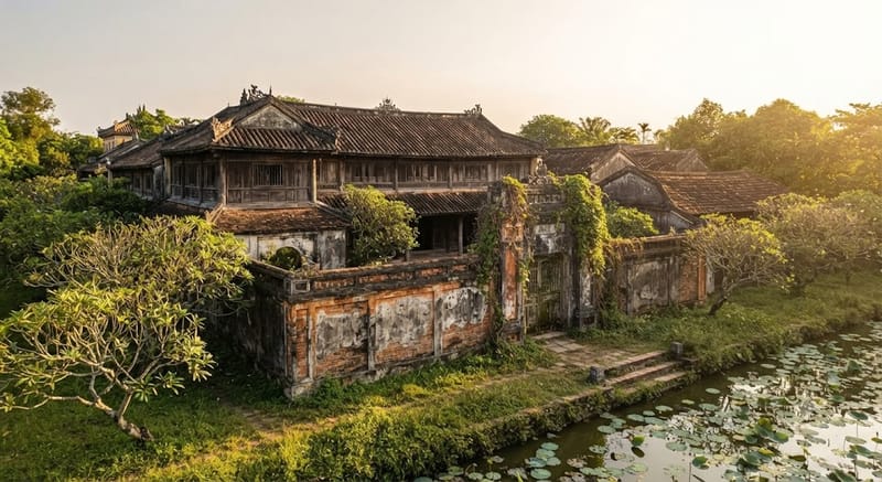 Toàn cảnh một phủ đệ hoàng tộc cổ kính ở Huế với nhà rường mái ngói, khu vườn rợp bóng và hồ sen — “bảo tàng sống” gìn giữ ký ức vương triều.